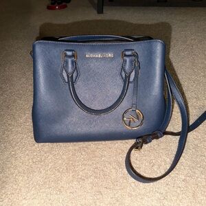 Michael Kors Blue Saffiano Leather Satchel with Gold Hardware